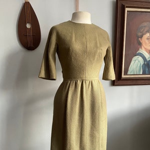 1950s Green Wool Knit Dress with Wrap Skirt Design