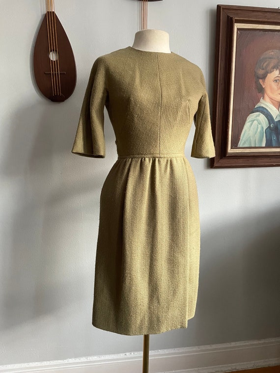 1950s Green Wool Knit Dress with Wrap Skirt Design - image 1