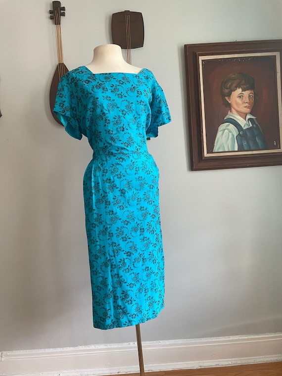 1950s Flocked Blue Dress