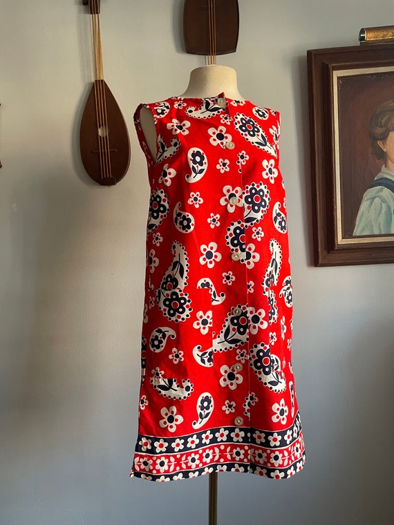 1960s Red and Blue Floral Paisley Shift Dress