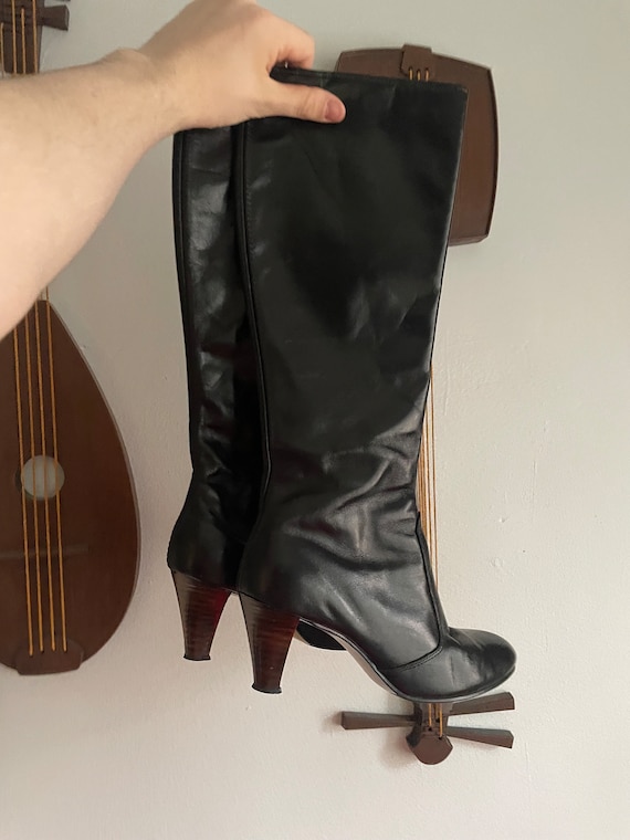 1970s Black Faux Leather Knee-High Boots - image 1