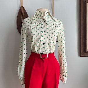 1970s Green and White Polka Dot Western Blouse from Questo by Wilroy