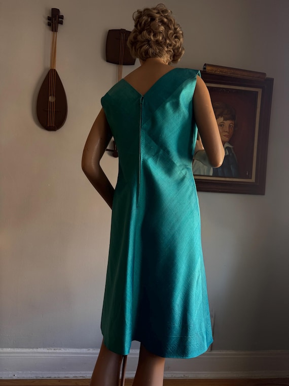 AS IS 1960s Aqua Silk Shift Dress View 3