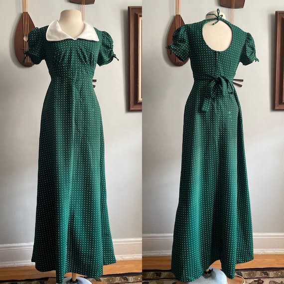 1970s Green and White Dress with White Polka Dots… - image 1