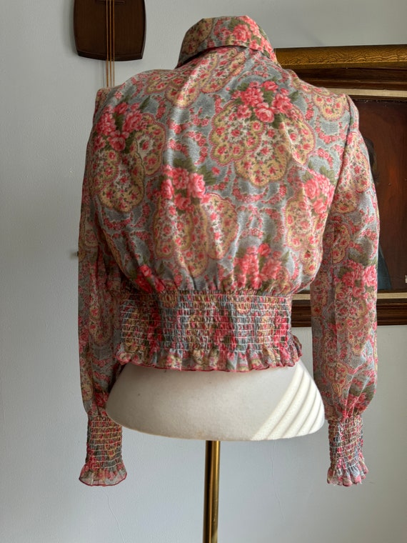 1970s Shirred Floral Chiffon Top by C.M. Courtney - image 2
