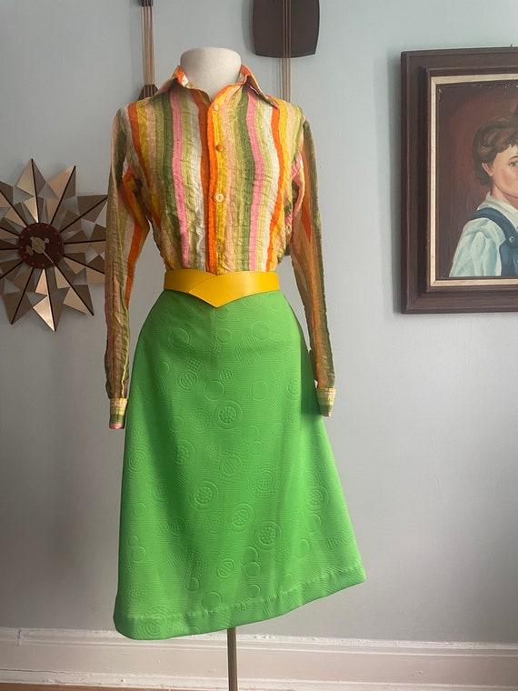 60s/70s Green Polyknit Skirt with Geometric Patter