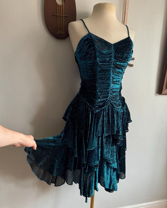 1980s New Leaf Blue Metallic Dress