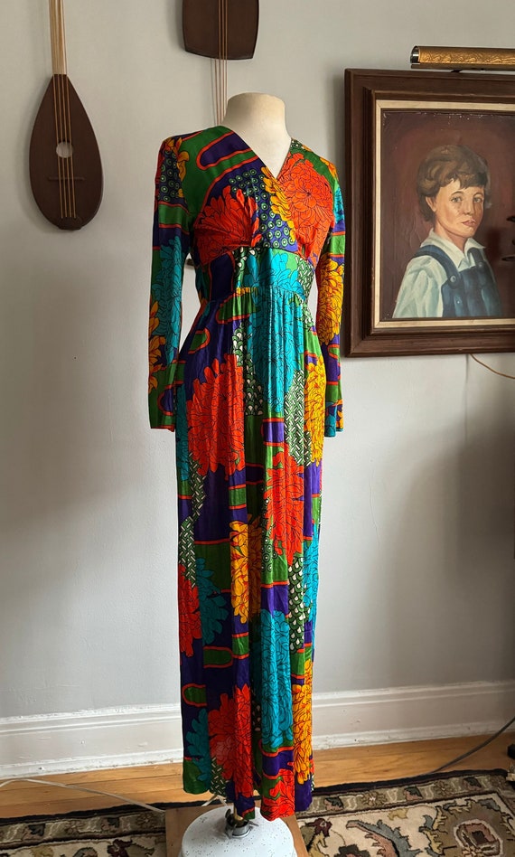 1970s Abstract Floral Empire Waist Dress