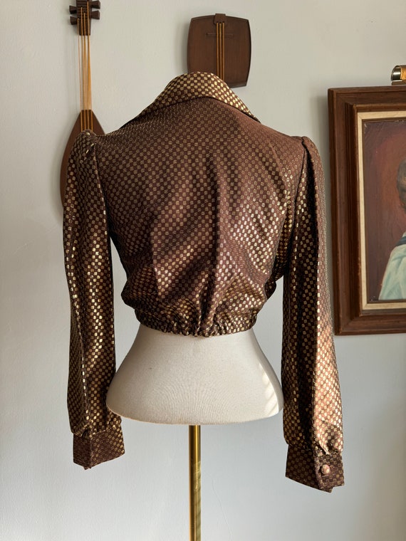 1970s Brown and Gold Lurex Checker Print Cropped … - image 4