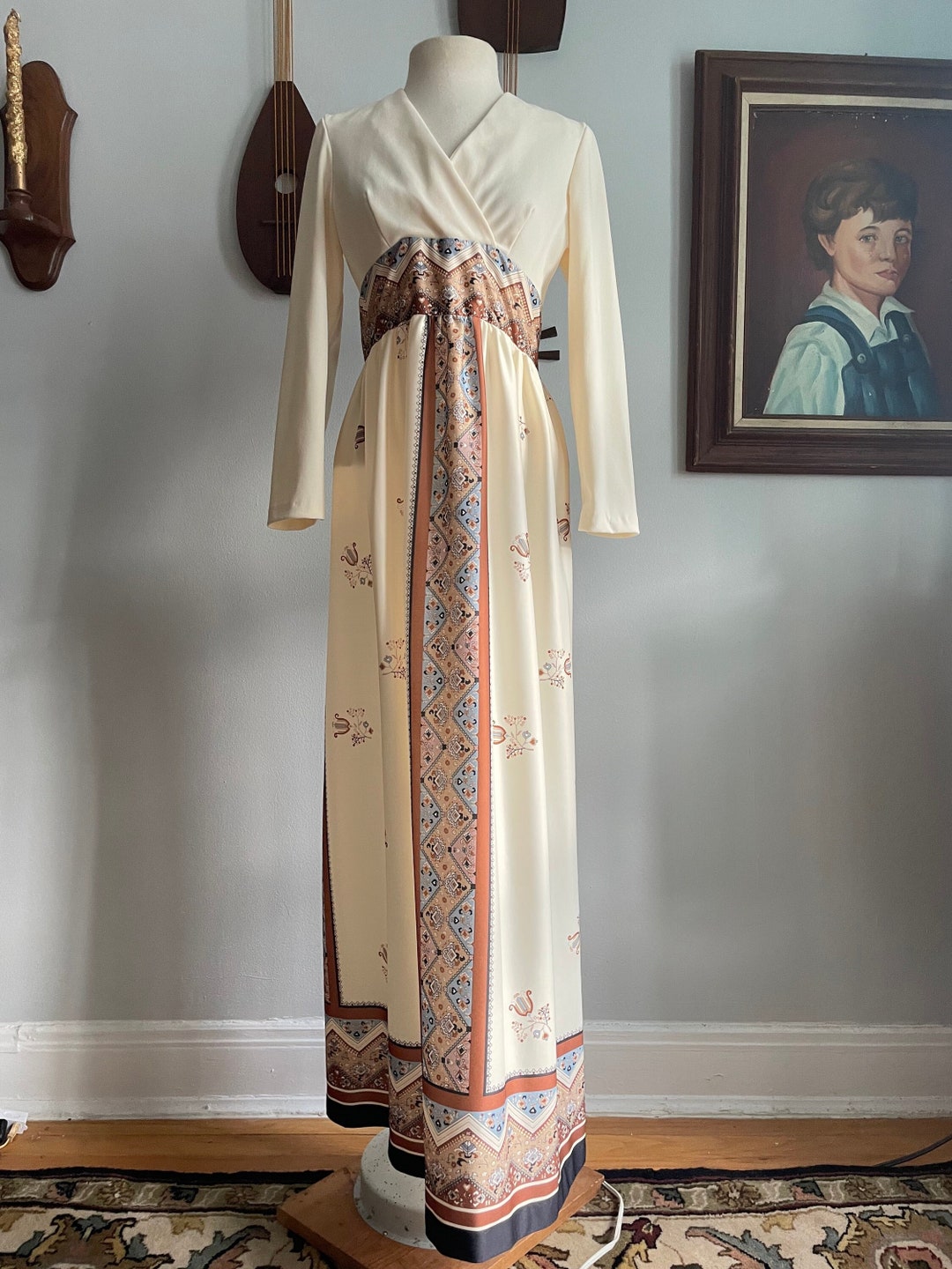 1970s Asymmetric Cream Dress with Suede Applique