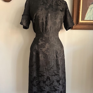 1950s Black Silk Rayon Wiggle Dress