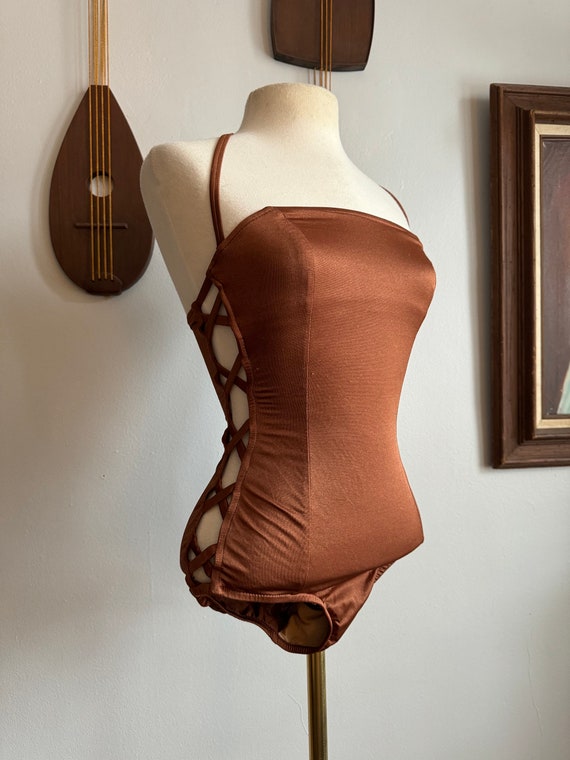 70s/80s Going Places Brown Swimsuit with Crisscros