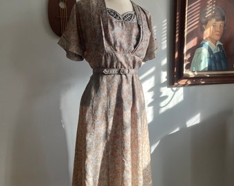 1950s Belted Floral Rayon Dress with Beaded Detailing