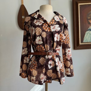 1970s Brown and Orange Floral Print Blouse
