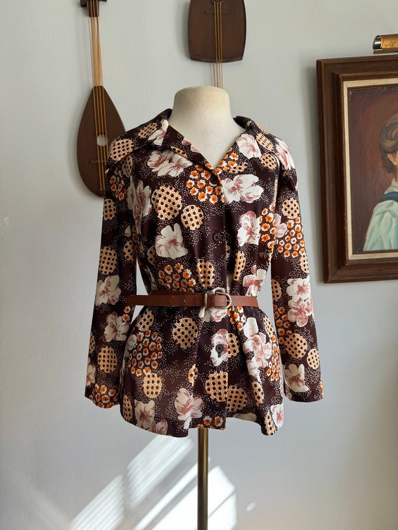 1970s Brown and Orange Floral Print Blouse