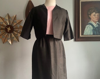 1960s Carol Brent Pink and Black Shantung, Dress and Jacket Set
