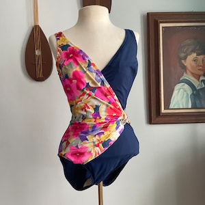 1980s Floral and Navy Wrap-Style Swimsuit with Gold Hardware by Longitude