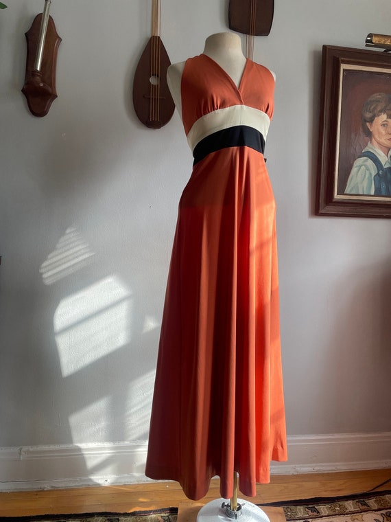 1970s Orange, White, and Black Color Block Halter 