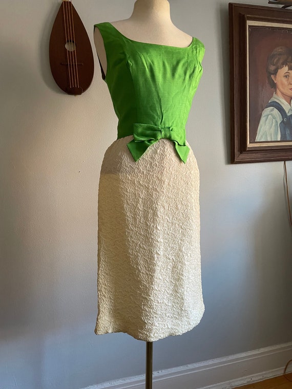 1960s Green and White Dress with Bow by Carnival … - image 1