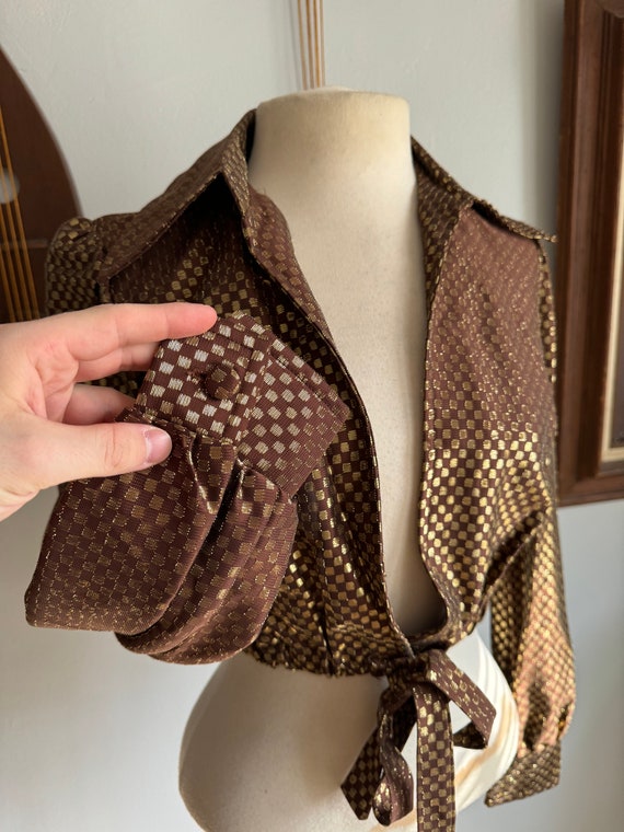 1970s Brown and Gold Lurex Checker Print Cropped … - image 2