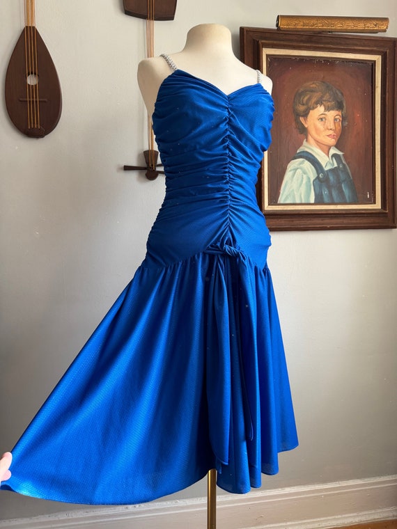 1970s/1980s Frederick's of Hollywood Blue Ruched Dress with Sequin Straps