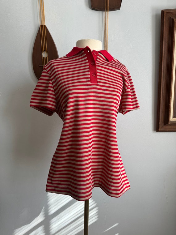 1970s Queen's Casuals Red and Gray Striped Polo Sh
