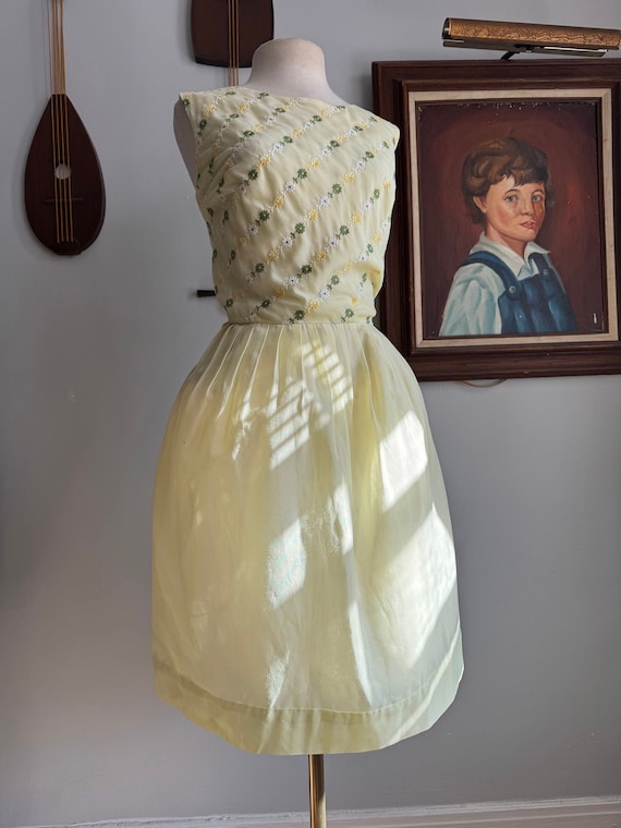1960s Yellow Dress with Embroidered Floral Bodice