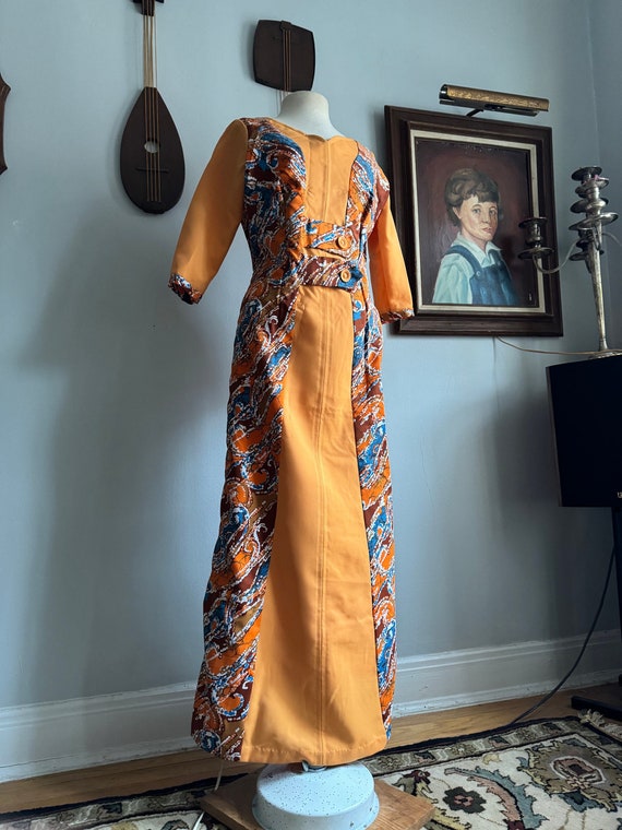 60/70s Orange and Blue Batik Maxi Dress with Matching Buttons