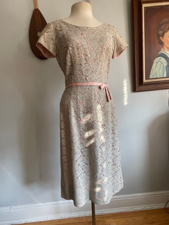 1960s (As Is) Blue Lace Dress with Pink Satin Bow