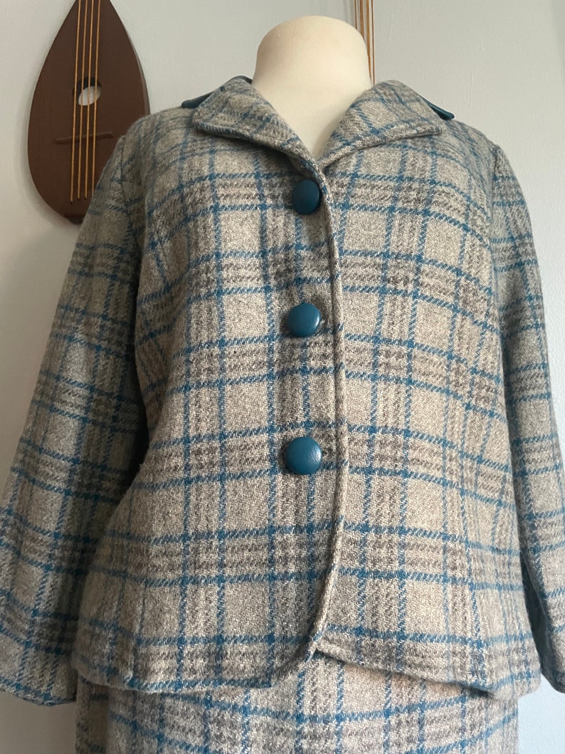 1960s Wool Plaid Suit with Leather Detailing image 2