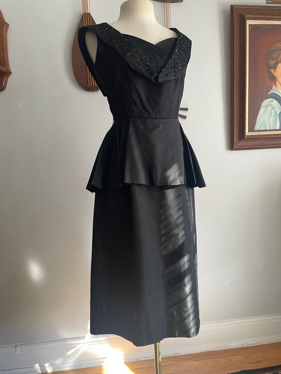 1950s Black Peplum Dress with Rhinestone and Sout… - image 1