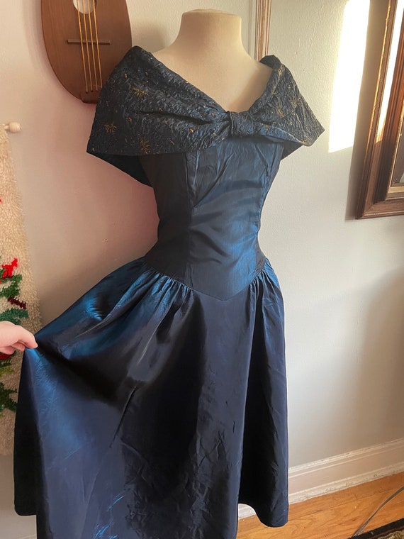 1980s Iridescent Blue Dress with Lurex Bow Collar