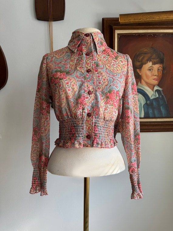 1970s Shirred Floral Chiffon Top by C.M. Courtney - image 1