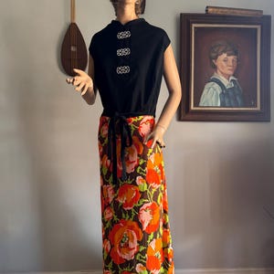 60s/70s Mandarin Collar Dress with Floral Skirt