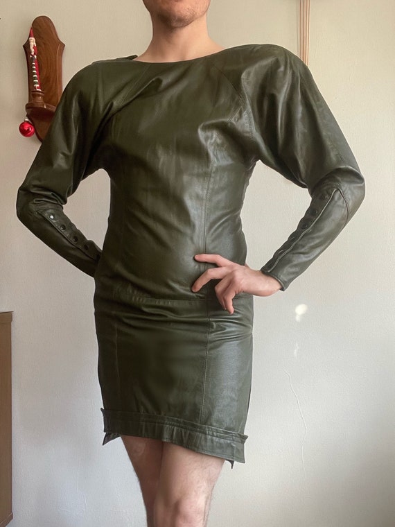 1980s Noviello Bloom Green Leather Dress