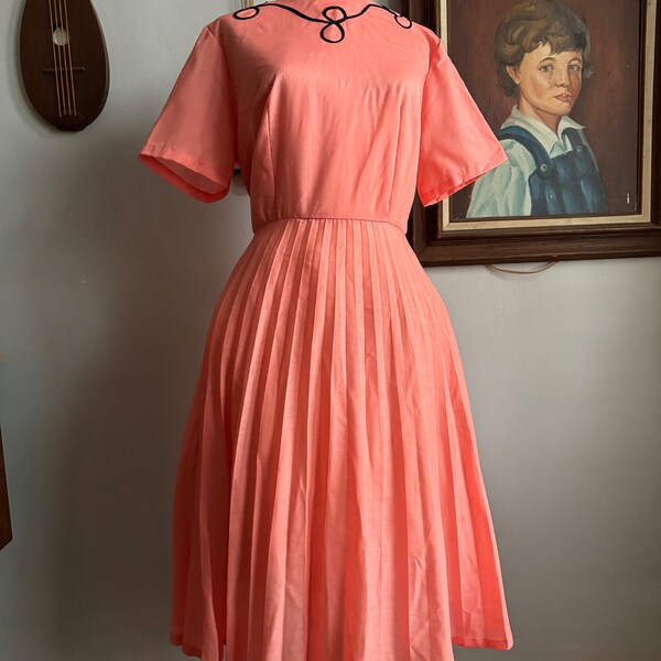 Early 1960s Pink, Alden’s Dress with Black Soutache Swirls and Accordion Skirt