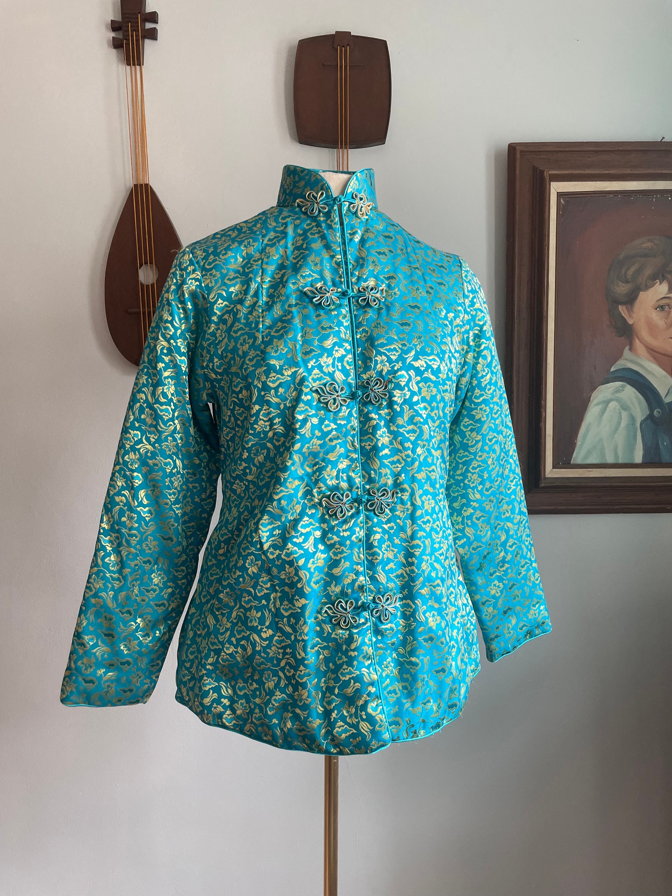 1960s Blue and Gold Liquid Satin Hostess Jacket - Etsy