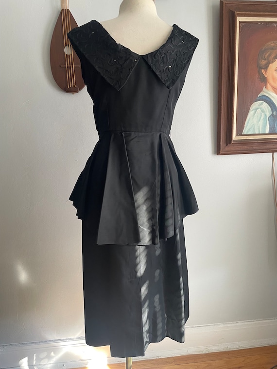 1950s Black Peplum Dress with Rhinestone and Sout… - image 3