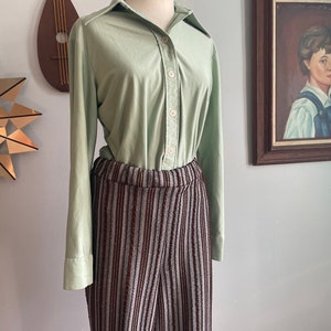 May include: A light green long-sleeved button-down shirt with a collared neckline and brown and grey striped trousers.