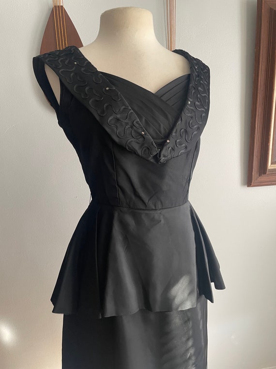 1950s Black Peplum Dress with Rhinestone and Soutache - Gem