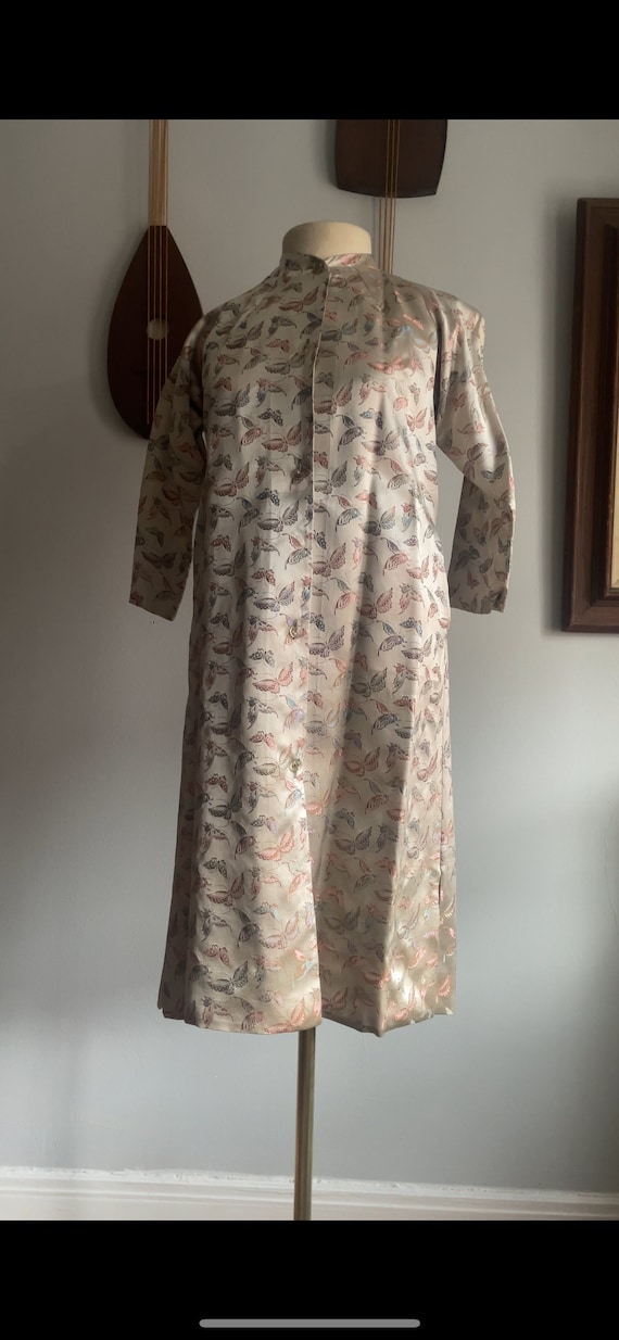 Late 1950s Butterfly Print Silk Rayon Hostess Coat