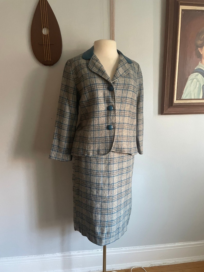1960s Wool Plaid Suit with Leather Detailing image 1