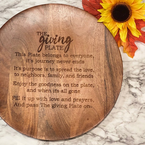 The Giving Plate, 11 inch, Acacia wood, Laser engraved. Perfect gift for the holidays