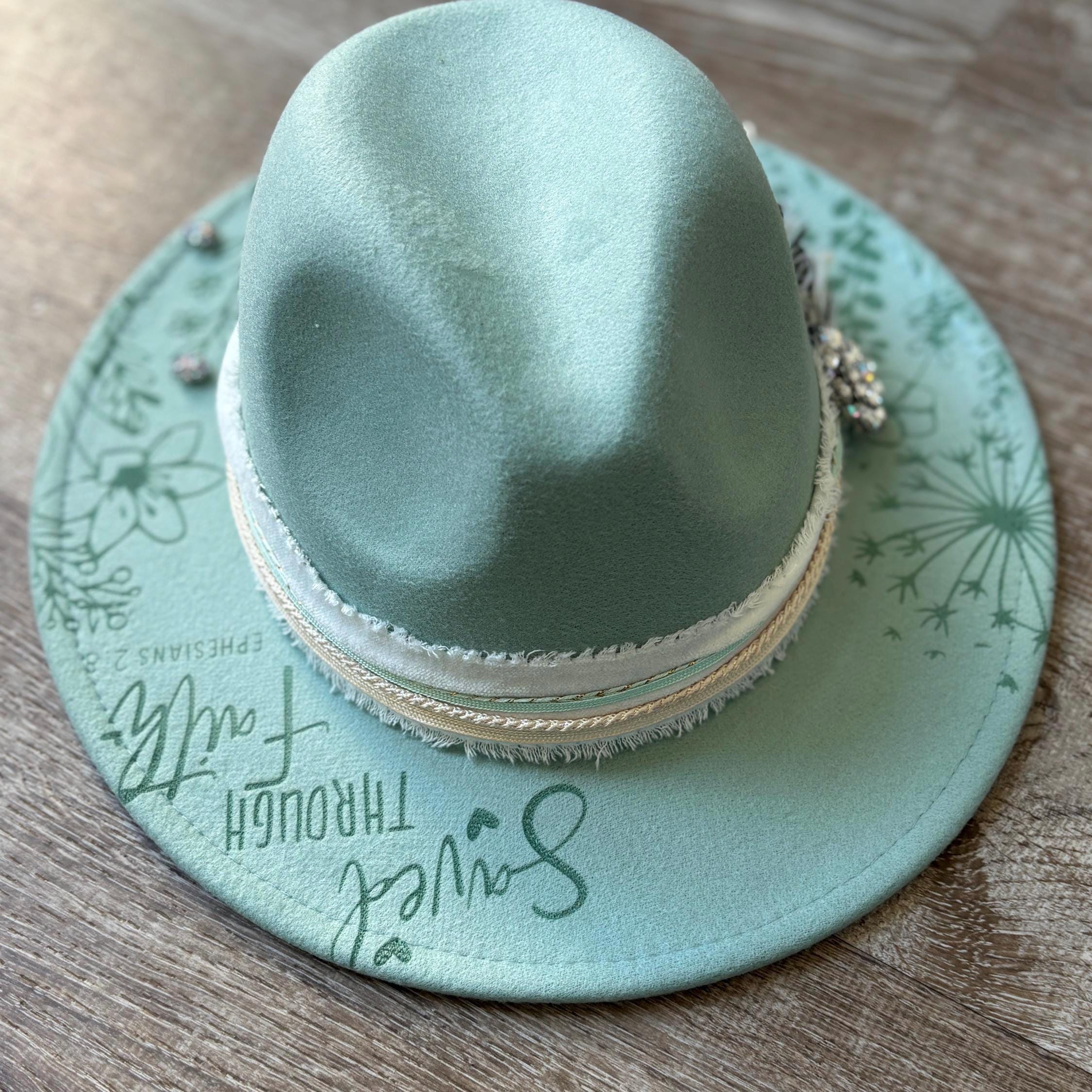 Teal Wide-Brim Wild As Heck Wide Brim Hat with Floral and Owl Design Floral sunflower teal suede wide brim cowboy hat  main image 3