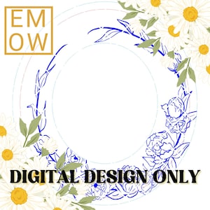 May include: A digital design featuring a wreath of white daisies and blue floral illustrations. The wreath is circular and has a blank space in the center. The text "DIGITAL DESIGN ONLY" is at the bottom of the image.