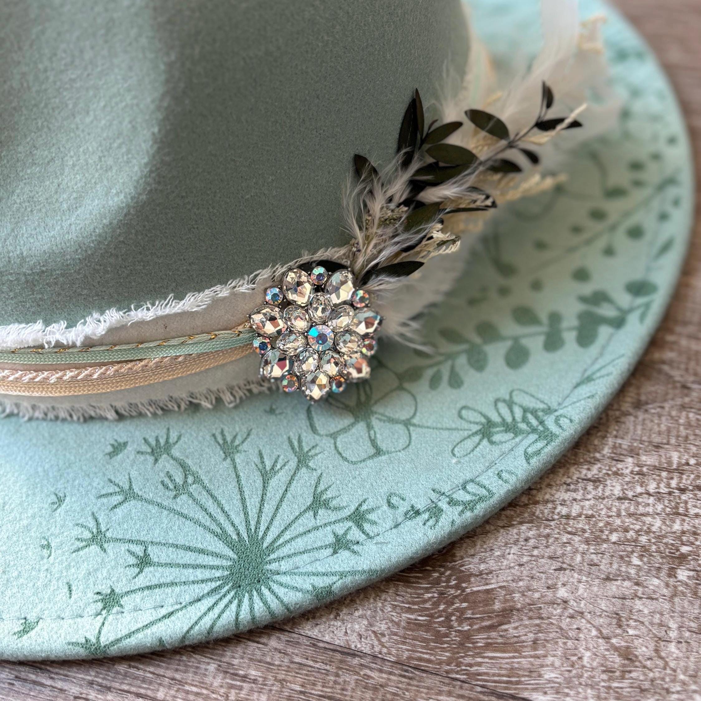 Teal Wide-Brim Wild As Heck Wide Brim Hat with Floral and Owl Design Floral sunflower teal suede wide brim cowboy hat  main image 2