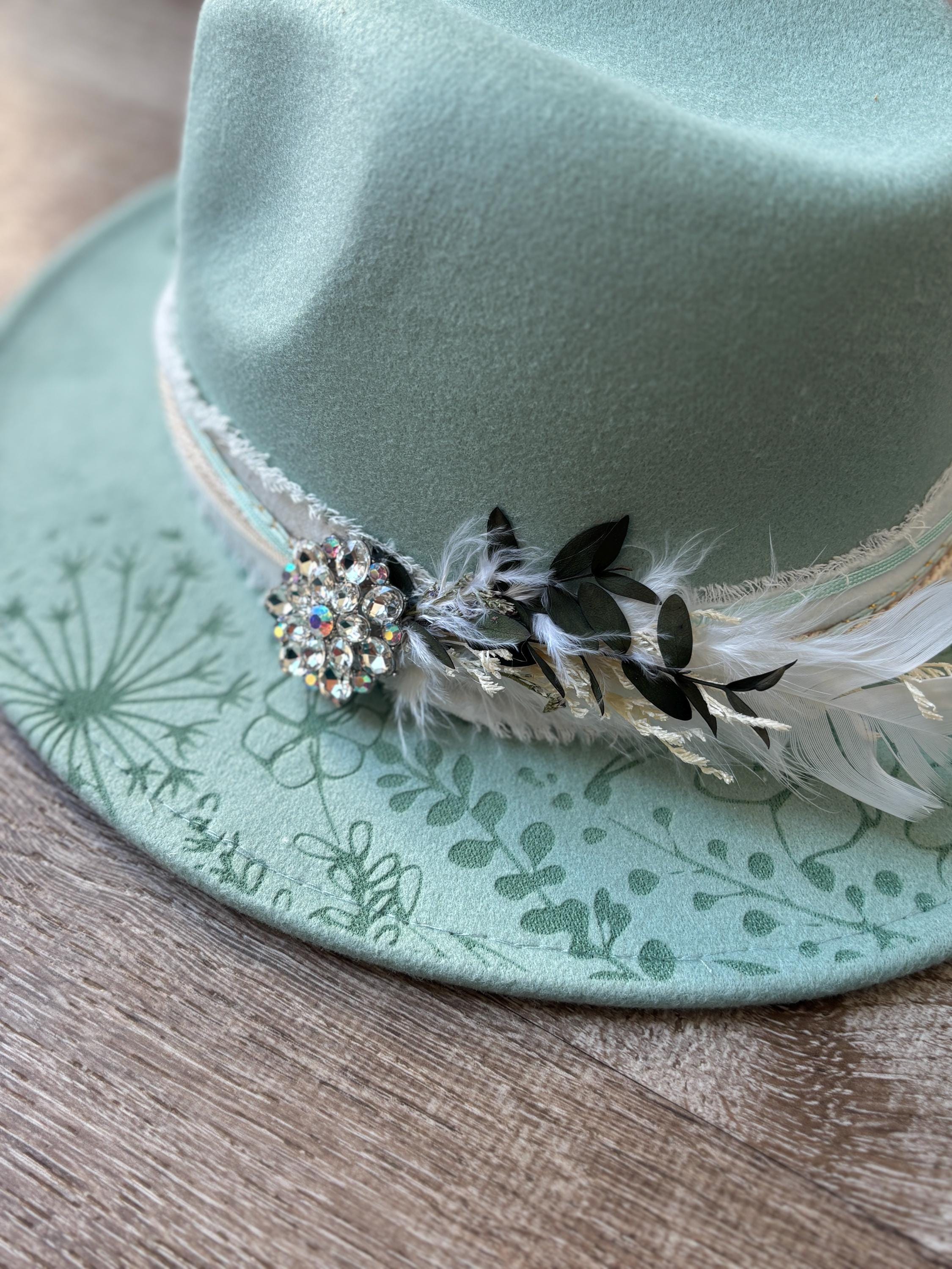 Laser Engraved Wide Brim Hat: Light Teal Wildflower Design  display picture 2