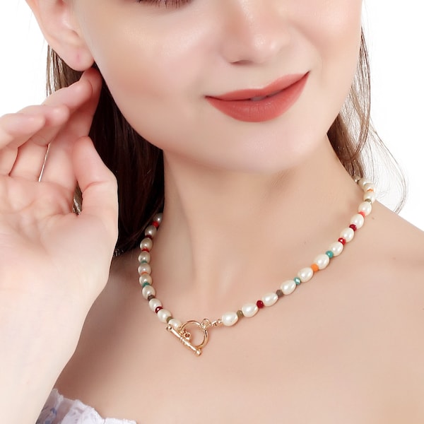 Kette  mit Knebelverschluss  Perlenkette, T-Bar Halskette, Knebel bar HalskettePearl ChokerKette Hochzeit ,valentinstag geschenke für frauen