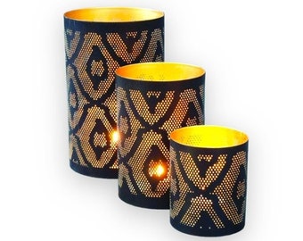 Schwarz& Gold Windlicht Metall 3er Set, Im Orientalischen Design, Windlicht Gold Deko, Ostern deko geschenke, Wohnzimmer