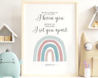 Jeremiah 1:5 Nursery Scripture Rainbow Art | Bible Verse Wall Art Printable | Before I formed you in the womb | Christian BOHO Baptism Gift